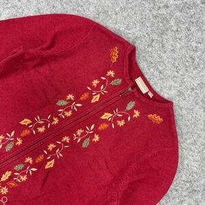 Croft & Barrow Womens XL Red Zip Front Embroidered Fall Leaves Cardigan Sweater